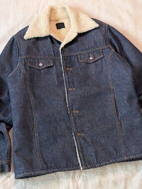 Sears Roebucks Vintage 60s Dark Denim Sherpa Lined Western Style Over Coat Large